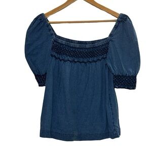 Faherty Navy Smocked Cotton Blouse